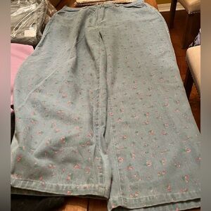 Davi & Dani Light Blue Denim Pants with Pink Floral Print